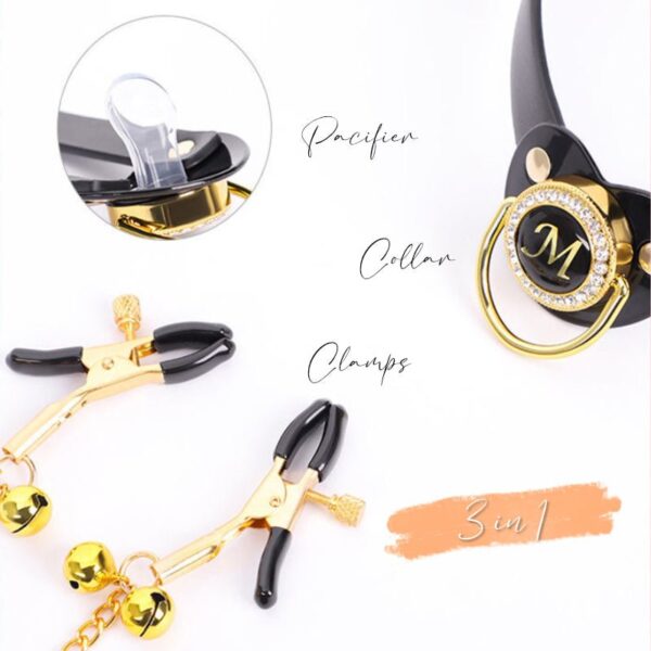 BDSM - Collar + Pacifier + Bell Nipple Clamps & Chains - FRISKY BUSINESS SG