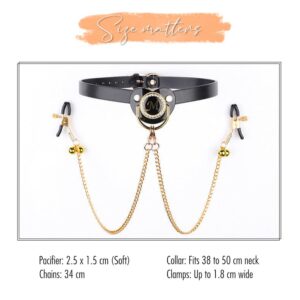 BDSM - Collar + Pacifier + Bell Nipple Clamps & Chains - FRISKY BUSINESS SG